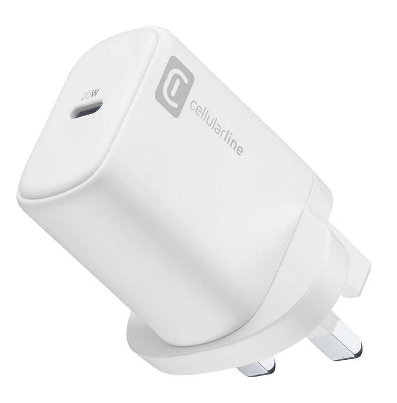 Cellularline USB-C 20W Power Charger, UK Plug Fast Wall Charger with Power Delivery (PD), Compact Type-C Adapter Compatiable with iPhone 15/14/13/12/11, iPad & Android - Image 1
