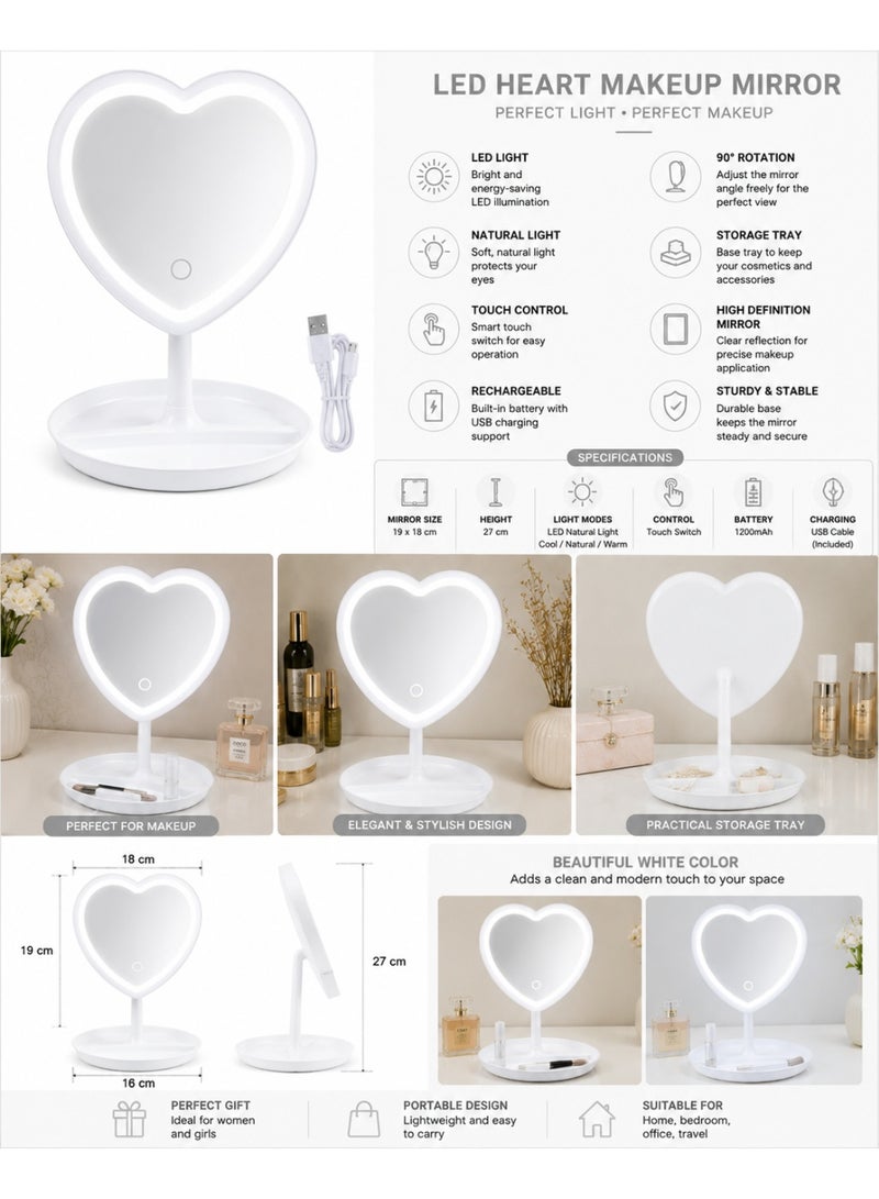 White Heart-Shaped Rechargeable Led Vanity Makeup Mirror With 3 Light Modes, Touch Control, 90° Rotation & Storage Base - Image 2