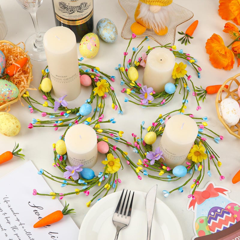 Jansun 4 Pcs Easter Candle Rings Mini Wreaths Pink Blue Eggs and Berry Candle Holder Rings for Easter Table Centerpieces Door Handle Decoration - Image 3