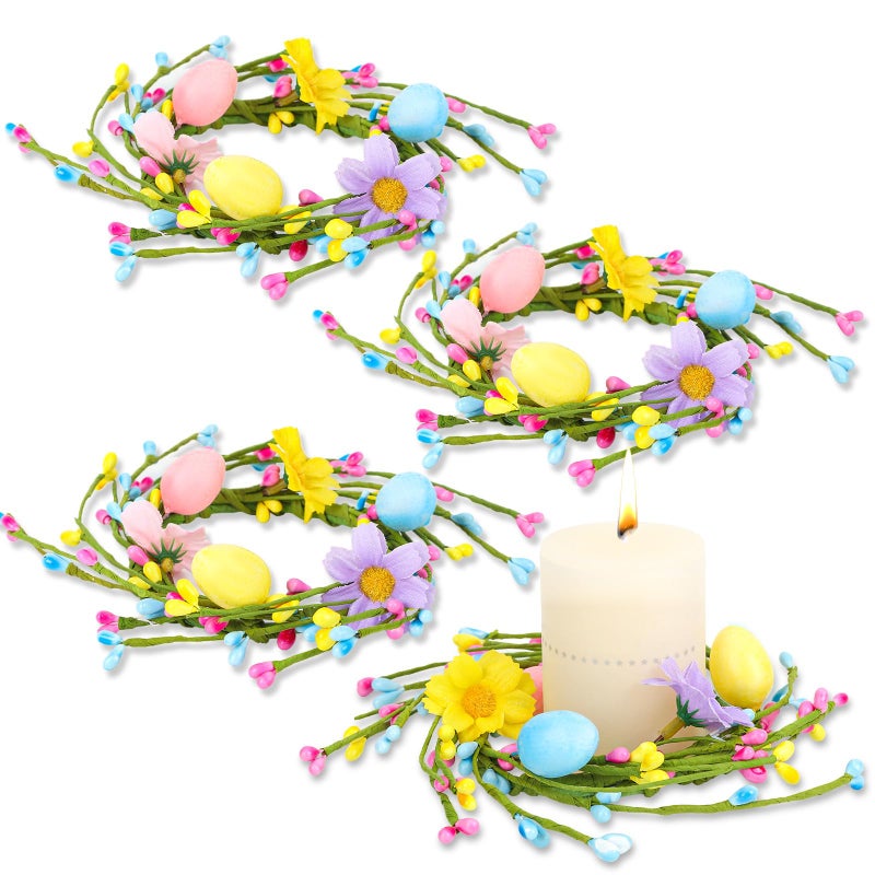 Jansun 4 Pcs Easter Candle Rings Mini Wreaths Pink Blue Eggs and Berry Candle Holder Rings for Easter Table Centerpieces Door Handle Decoration - Image 1