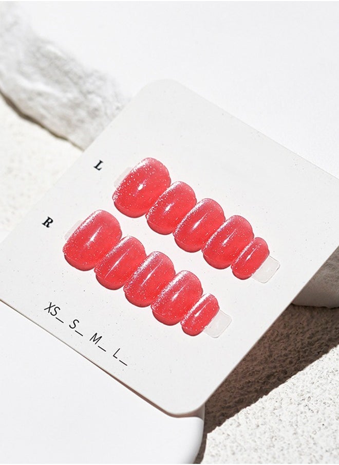 Generic - Crystal Cat Eye Press-on Nails Kit with Wearing Tools - 10PCs Short Square/Round Fake Nails with 3 Sizes (XS/S/M)(Strawberry Red) Random Packaging - Image 1