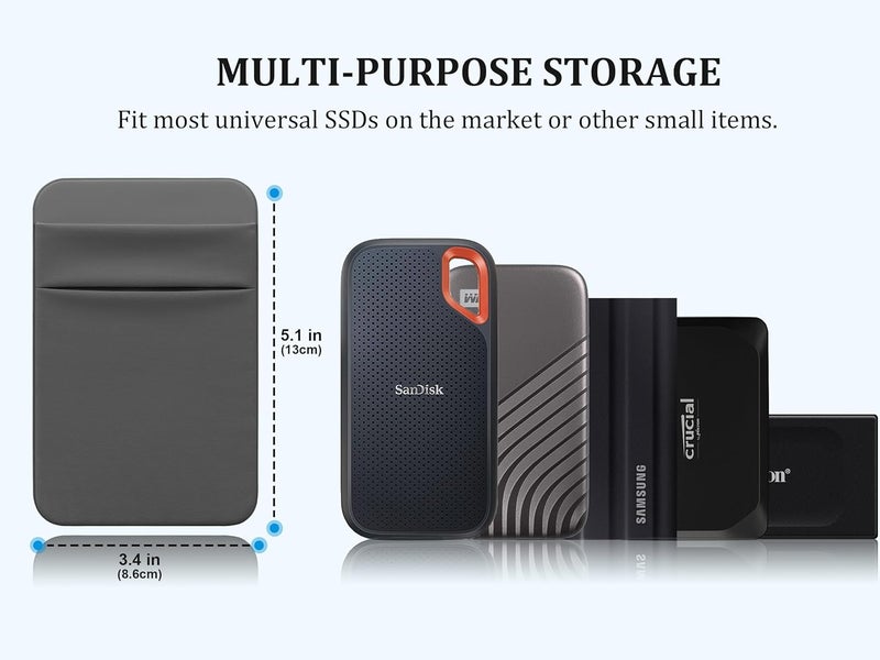 Lacdo Portable Hard Drive Sleeve for Laptop, 2-Pocket Stick on Pouch with Reusable Adhesive, for SanDisk, Samsung, Crucial, Portable External Solid State Drive SSD Hard Drive Carrying Case, Dark Gray - Image 2