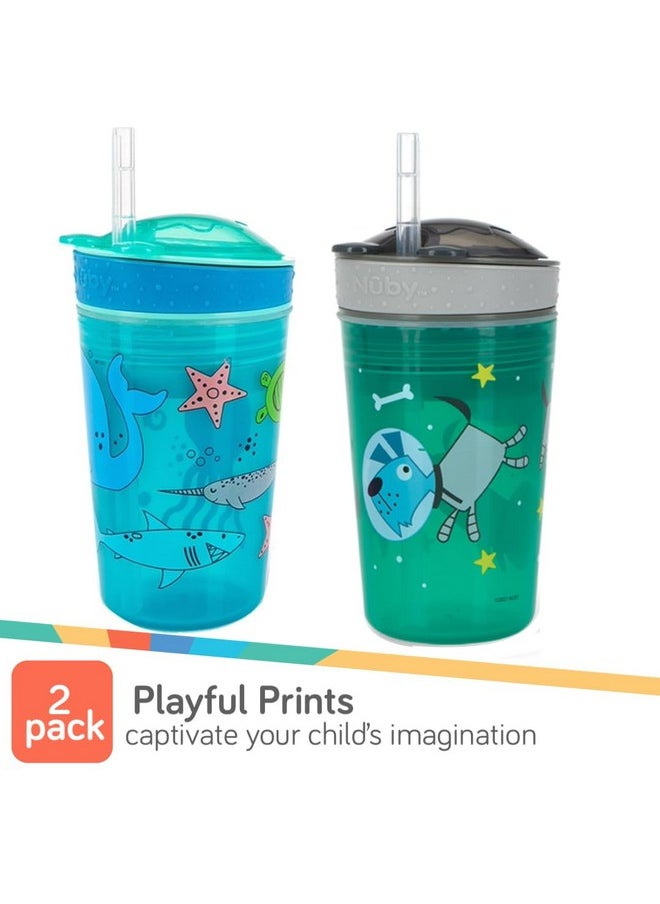 Nuby NUBY All in One Snack Bowl and No Spill Soft Straw Cup - 2 Pack Aqua Ocean Animals & Green Puppy Dogs - Snack N' Sip, Holds: 4.5 oz Container with Lid and 9 oz/ 270 ml Straw Cup (12 Months +)  - Image 1
