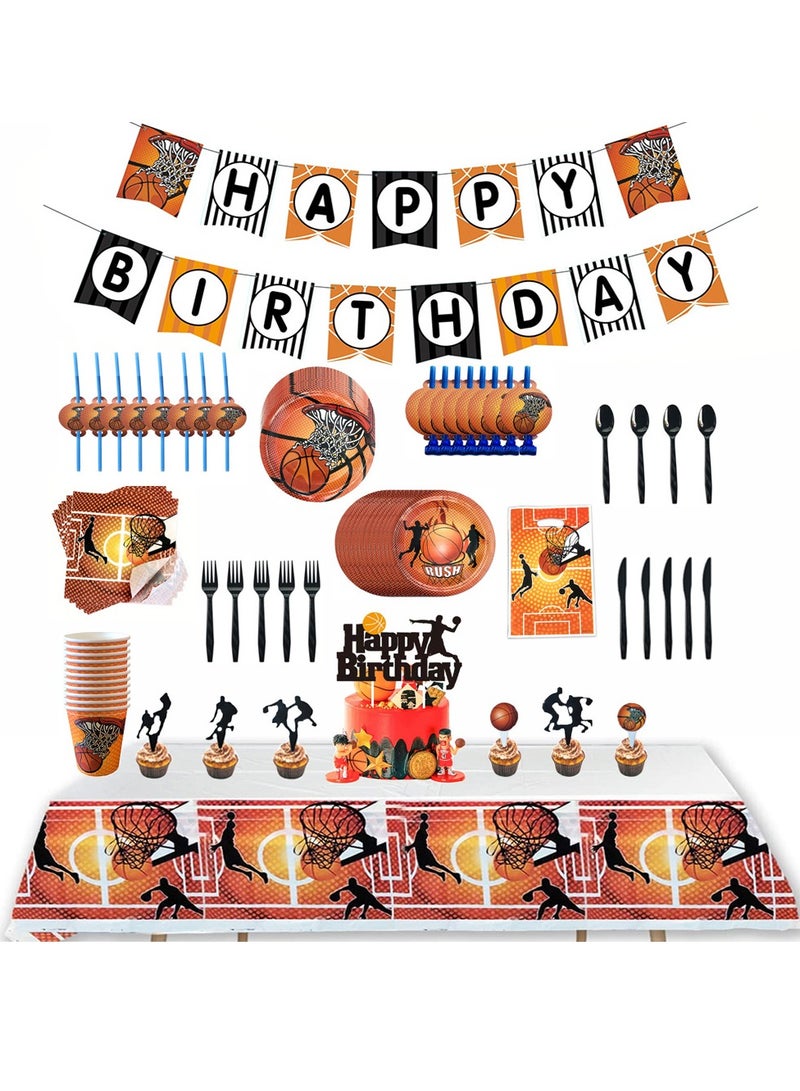 JAKTK 119 pieces of basketball themed birthday dinner party package (8 thickened 7-inch plates + 10 paper towels + 8 paper cups + tablecloth + letter pull flag + 8 black knives + 8 black forks + 8 black spoons + 10 gift bags + 8 straws + 8 blowing dragons + 8 large signboards + 8 thickened 9-inch plates + 24 small flags + 8 hats)  - Image 1