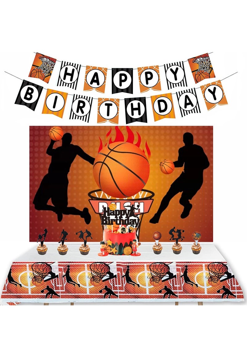 JAKTK 119 pieces of basketball themed birthday dinner party package (8 thickened 7-inch plates + 10 paper towels + 8 paper cups + tablecloth + letter pull flag + 8 black knives + 8 black forks + 8 black spoons + 10 gift bags + 8 straws + 8 blowing dragons + 8 large signboards + 8 thickened 9-inch plates + 24 small flags + 8 hats)  - Image 2
