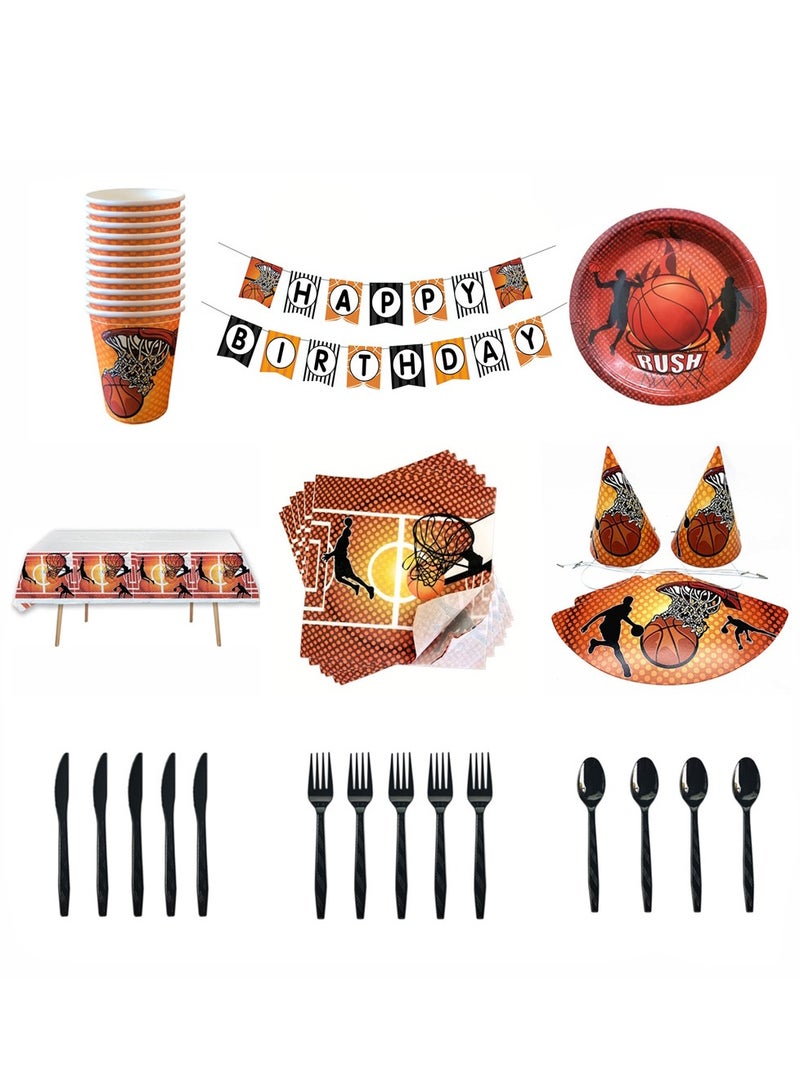 JAKTK 119 pieces of basketball themed birthday dinner party package (8 thickened 7-inch plates + 10 paper towels + 8 paper cups + tablecloth + letter pull flag + 8 black knives + 8 black forks + 8 black spoons + 10 gift bags + 8 straws + 8 blowing dragons + 8 large signboards + 8 thickened 9-inch plates + 24 small flags + 8 hats)  - Image 5