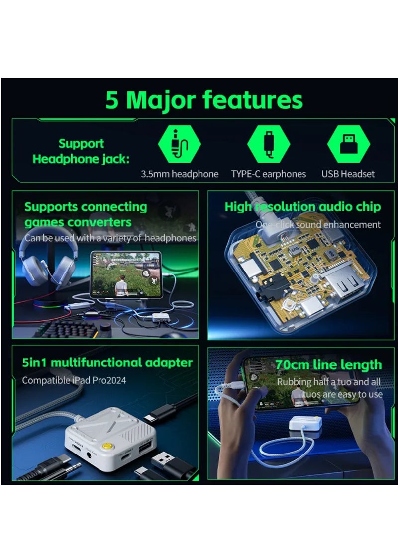 وصلة بليكستون GS5  محول الشحن السريع 5 في 1 بي دي 60 واط  تايب سي  إلى 3.5 ملم أو USB للألعاب سماعة الصوت Aux متوافق مع الايباد برو 2024 والايفون 15 - 16 وجميع جوالات بمنفذ تايب سي
