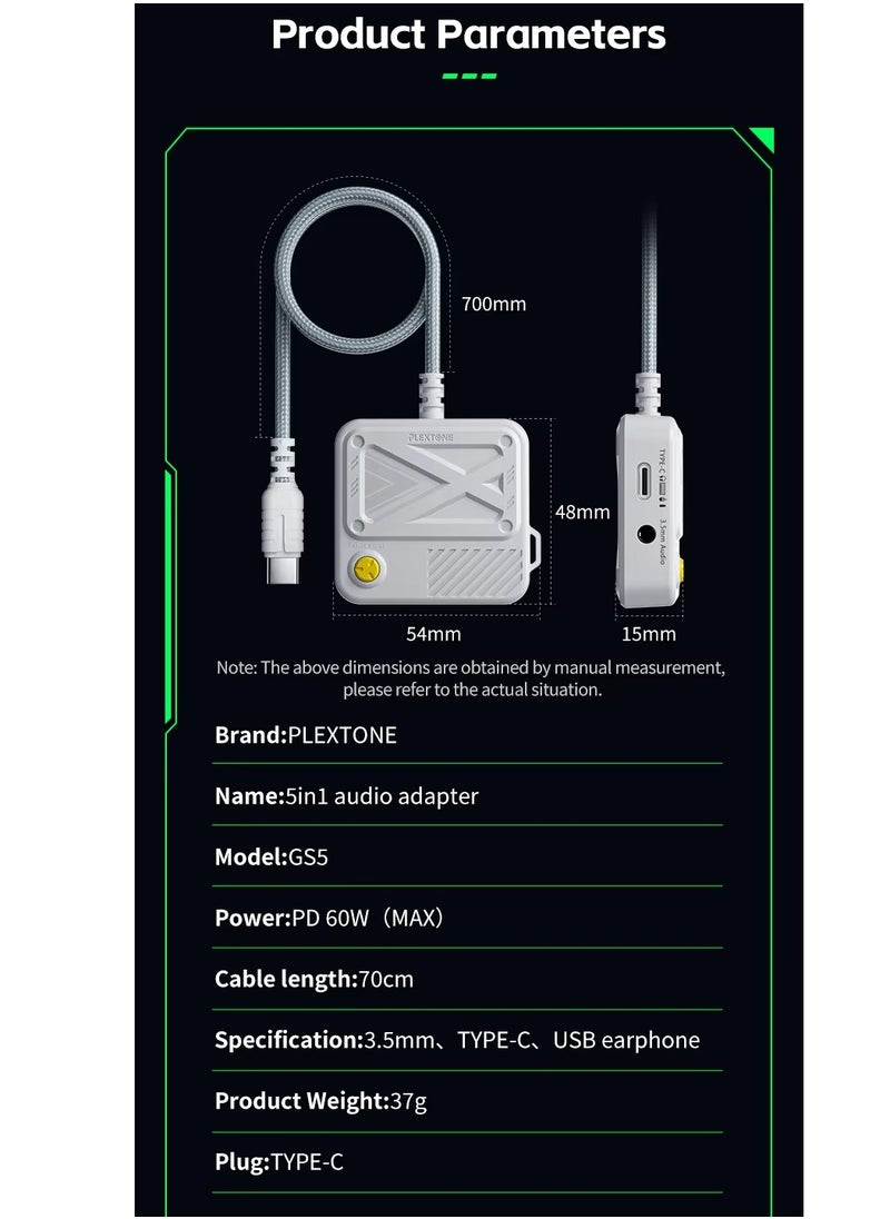 وصلة بليكستون GS5  محول الشحن السريع 5 في 1 بي دي 60 واط  تايب سي  إلى 3.5 ملم أو USB للألعاب سماعة الصوت Aux متوافق مع الايباد برو 2024 والايفون 15 - 16 وجميع جوالات بمنفذ تايب سي