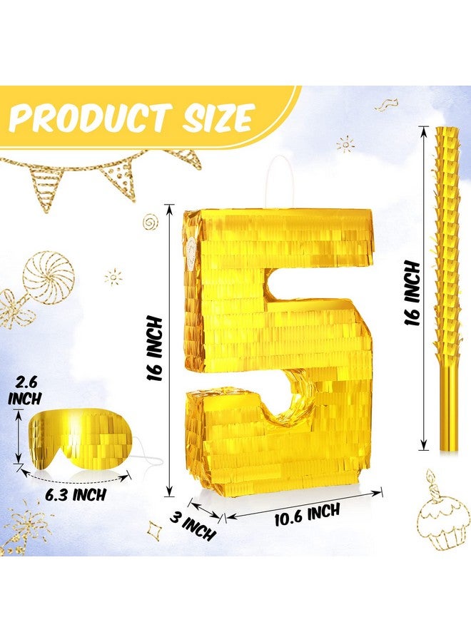 Sratte بيانات رقمية من الذهب 16 × 11 × 3 بوصة بيناتا صغيرة مع عصا بطول 15.7 بوصة وقناع ذهبي وكونفيتي لتزيين حفلات عيد الميلاد للأطفال الأولاد والبنات واحتفالات الذكرى السنوية ومستلزمات الفييستا والهدايا (الرقم 5) - Image 3