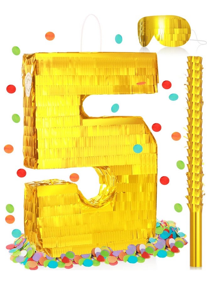 Sratte بيانات رقمية من الذهب 16 × 11 × 3 بوصة بيناتا صغيرة مع عصا بطول 15.7 بوصة وقناع ذهبي وكونفيتي لتزيين حفلات عيد الميلاد للأطفال الأولاد والبنات واحتفالات الذكرى السنوية ومستلزمات الفييستا والهدايا (الرقم 5) - Image 2