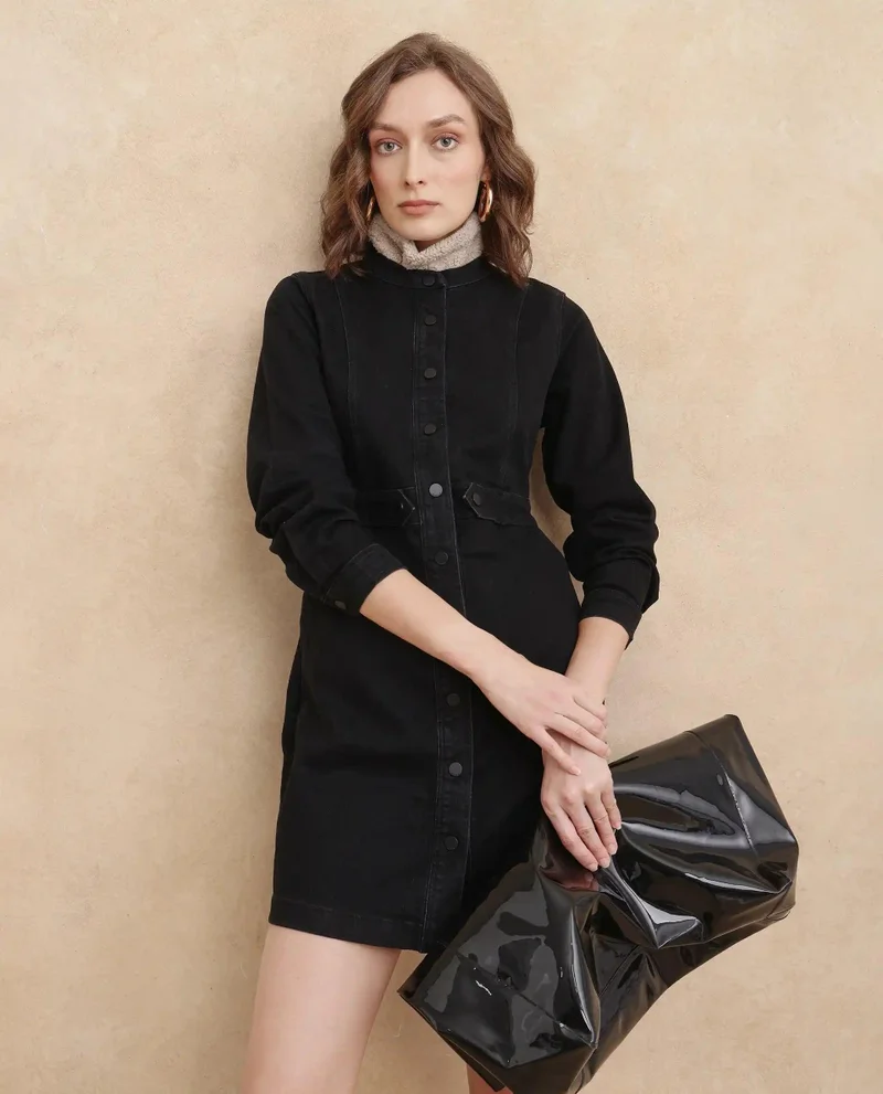Rareism Rareism Women's Lizmi Black Cotton Blend Fabric High Neck Button Closure Cuffed Sleeve Plain  Mini Dress