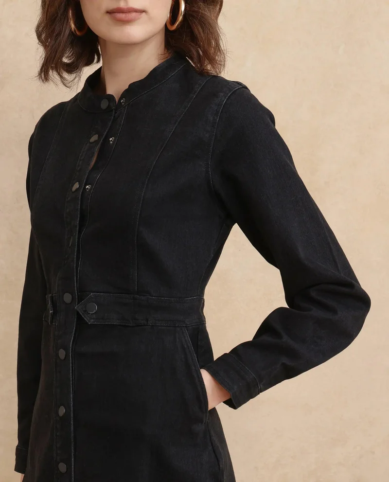 Rareism Rareism Women's Lizmi Black Cotton Blend Fabric High Neck Button Closure Cuffed Sleeve Plain  Mini Dress