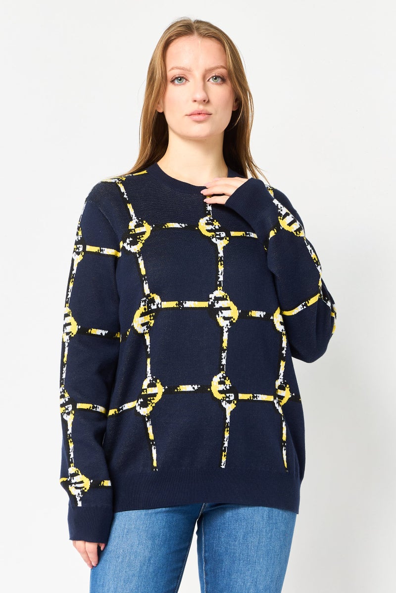 LACOSTE Women Crew Neck Allover Print Long Sleeve Sweater, Navy - Image 1