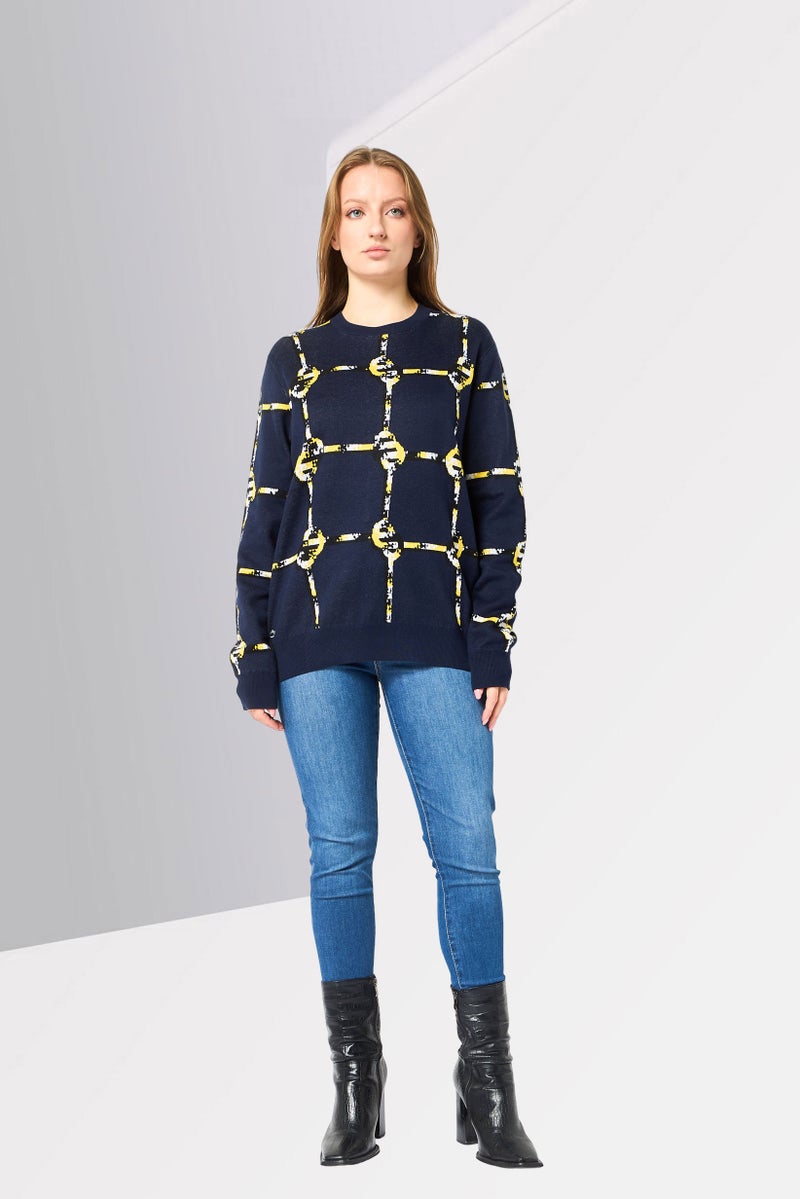 LACOSTE Women Crew Neck Allover Print Long Sleeve Sweater, Navy - Image 2