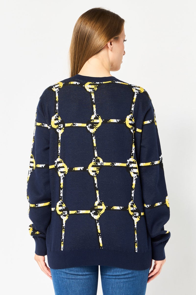 LACOSTE Women Crew Neck Allover Print Long Sleeve Sweater, Navy - Image 4