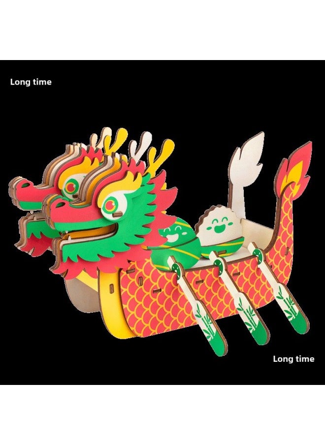 Generic - Dragon Boat Festival Handmade Diy Small Gift Dragon Boat Racing Model Dragon Boat Homemade Works Kindergarten Three-dimensional Jigsaw Puzzle Toy-Color:Wooden Dragon Boat - Image 1
