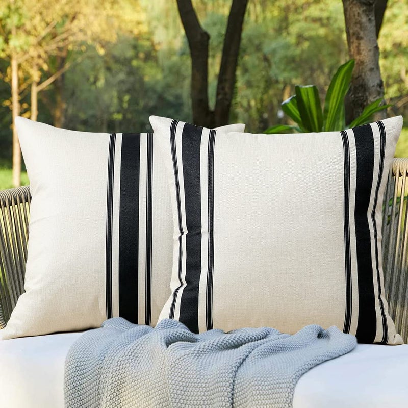 OTOSTAR Pack of 2 Outdoor Waterproof Decorative Pillow Covers 18x18 Inch Linen Geometry Pillowcases Cushion Case Garden Throw Pillow Covers Pillows Shell for Patio Furniture Couch Tent Balcony Black