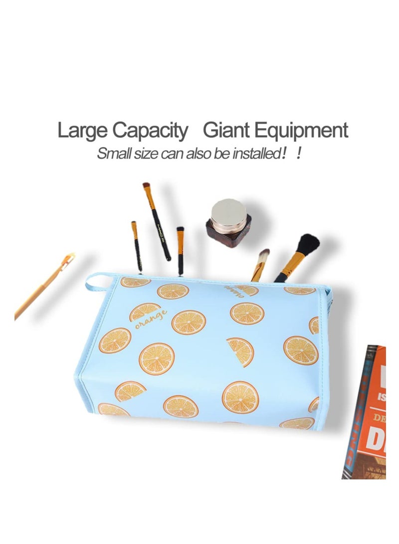 Excefore Makeup Bag, 3 Pcs Set Waterproof Cosmetic Bag, Portable Toiletry Bag, Large Travel Makeup Organizer Bag, for Women and Girls with Fruit Lemon Pattern (Blue-Lemon) - Image 4