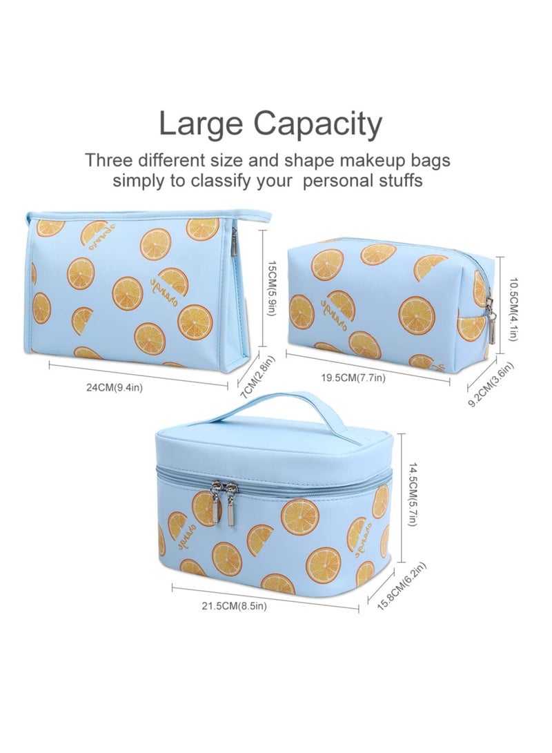 Excefore Makeup Bag, 3 Pcs Set Waterproof Cosmetic Bag, Portable Toiletry Bag, Large Travel Makeup Organizer Bag, for Women and Girls with Fruit Lemon Pattern (Blue-Lemon) - Image 3