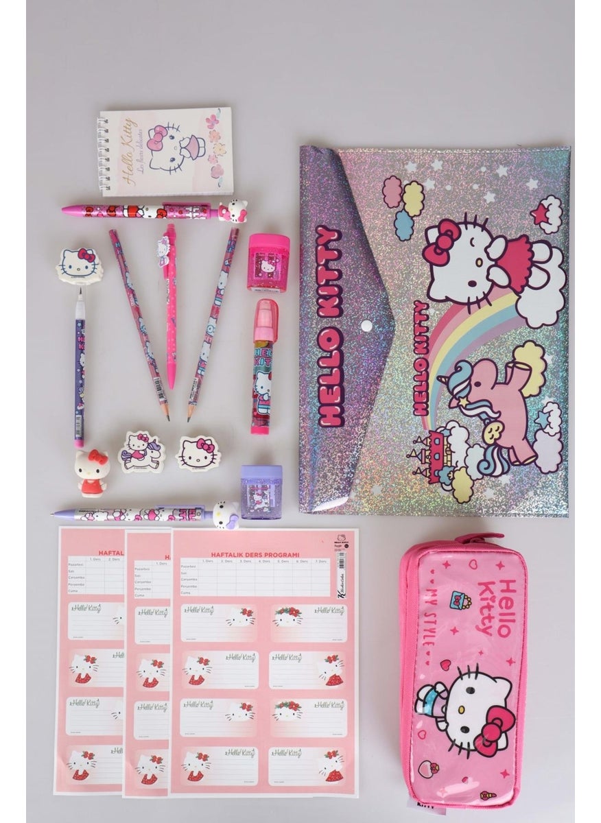 Hello Kitty Dekomus New Season Licensed 16 Piece Stationery Set Pencil Bag, 3D Eraser, Notepad, Eraser Topper, Plug-in Pencil, Mechanical Pencil, Pencil Sharpener and Rocket Eraser Set  - Image 1