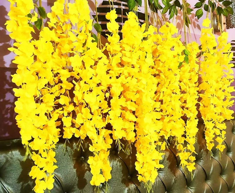 VRB Dec Pack of 6 (43.2Ft) Artificial Wisteria Vine| Ratta Fake Wisteria Hanging | Garland Silk Long Hanging Bush Flowers String for Home Party Wedding Decor (Yellow, 6) - Image 2