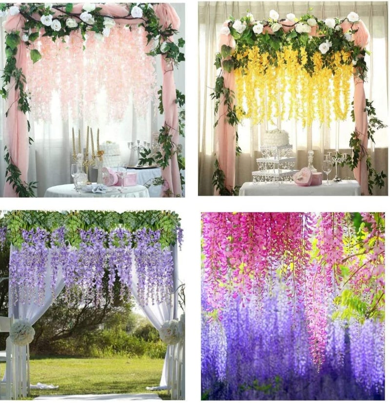 VRB Dec Pack of 6 (43.2Ft) Artificial Wisteria Vine| Ratta Fake Wisteria Hanging | Garland Silk Long Hanging Bush Flowers String for Home Party Wedding Decor (Yellow, 6) - Image 5