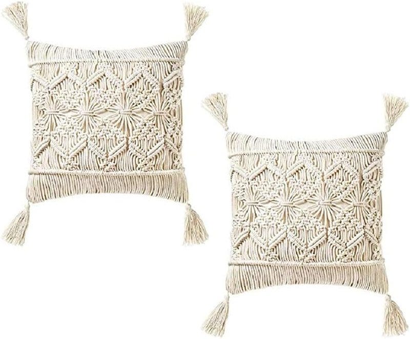 غطاء وسادة بوهيمي ماكراميه مكون قطعتين، 18 × 18 بوصة - أبيض