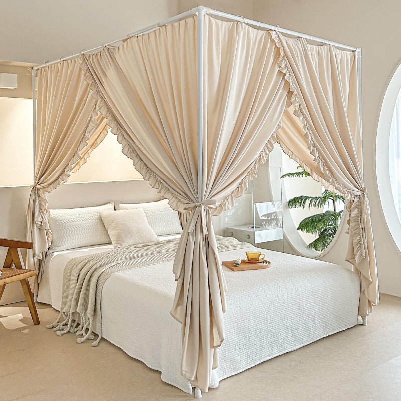 AIKASY Princess Canopy Bed Curtains with Top Ties Windproof Lightproof for Girls Adult Bedroom Decor Bed Canopy Drapes FullKhaki
