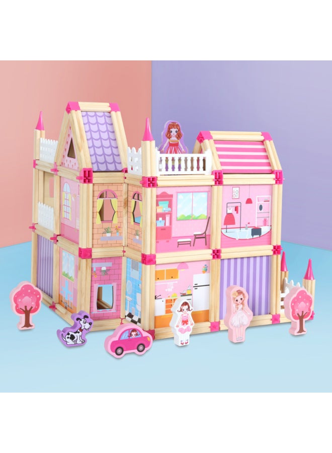 Children's Wooden Play House Simulation Doll House Birthday Gift Villa House Room Kitchen Bedroom Toy-Color:298 Pink Princess Assembled House - Image 3