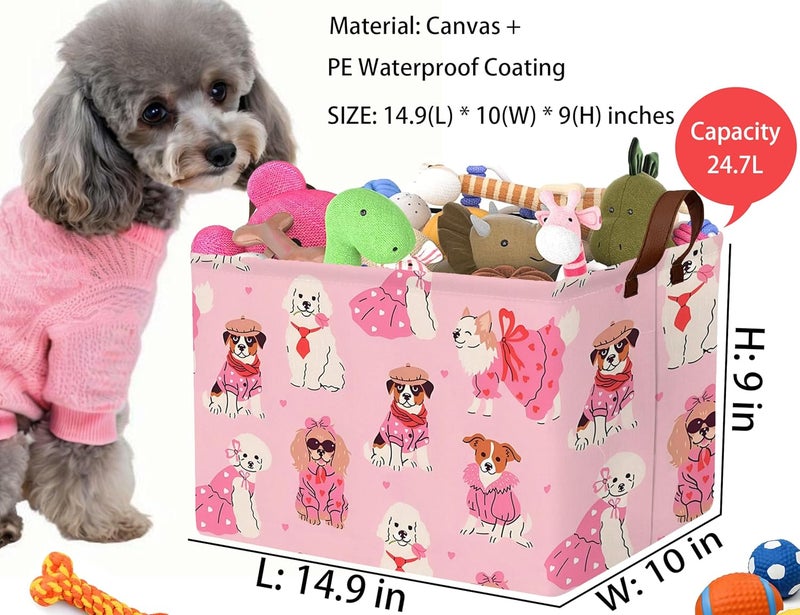 BOOHIT Pink Dog Toy Basket Collapsible Puppy Bin Storage Organizer Large Pet Box With Handles (Girl Dog) - Image 2