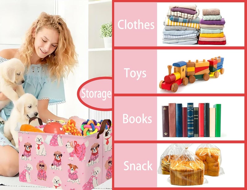 BOOHIT Pink Dog Toy Basket Collapsible Puppy Bin Storage Organizer Large Pet Box With Handles (Girl Dog) - Image 4