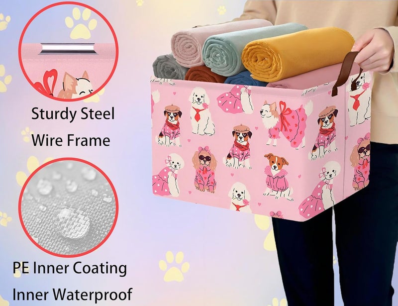 BOOHIT Pink Dog Toy Basket Collapsible Puppy Bin Storage Organizer Large Pet Box With Handles (Girl Dog) - Image 3