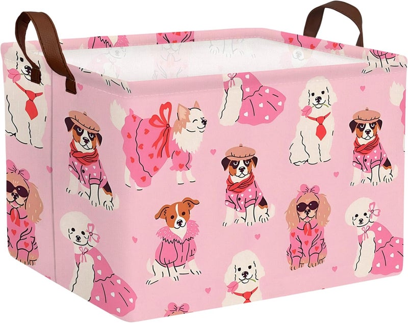 BOOHIT Pink Dog Toy Basket Collapsible Puppy Bin Storage Organizer Large Pet Box With Handles (Girl Dog) - Image 1