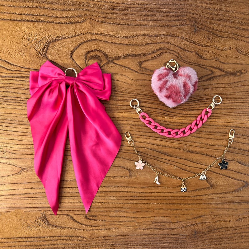 CuddleJunk Bag Charms for Tote Bags, Satin Bow Keychain Kit Accessories for Yeti Camino, Fluffy Ball Gold Chains Charms for Women Purse Beach Handbag (Rose) - Image 3