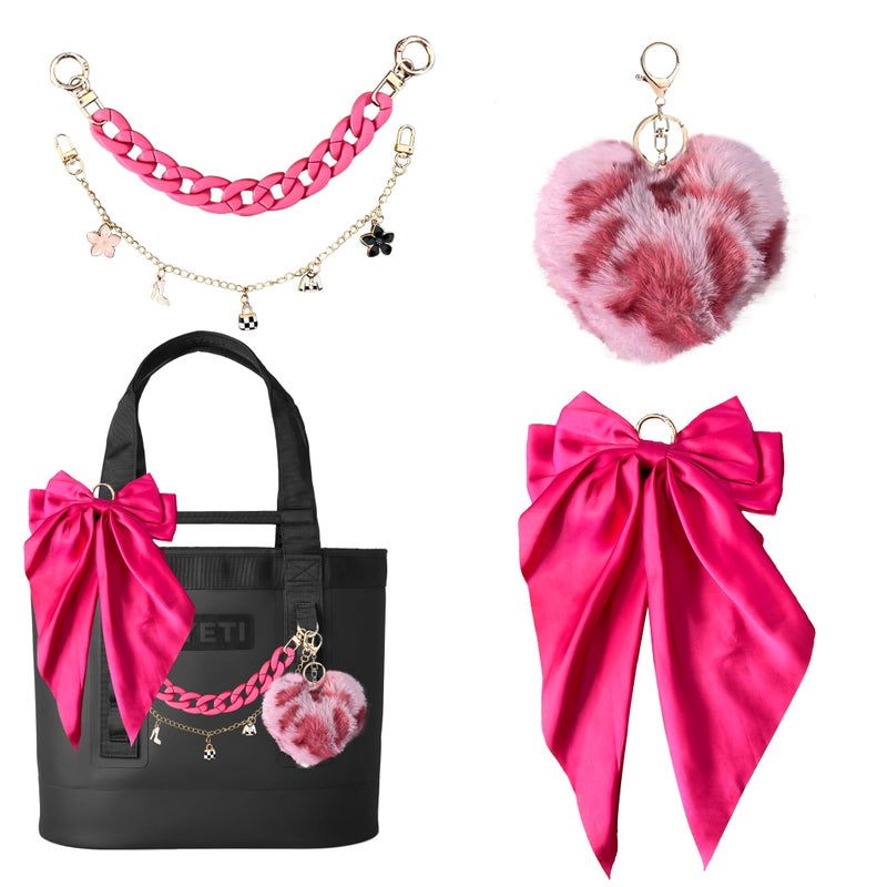 CuddleJunk Bag Charms for Tote Bags, Satin Bow Keychain Kit Accessories for Yeti Camino, Fluffy Ball Gold Chains Charms for Women Purse Beach Handbag (Rose) - Image 1