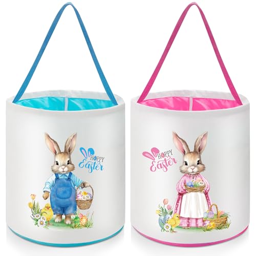 Capoda 2 Pcs Easter Bunny Basket Bags Canvas Easter Eggs Hunt Basket Rabbit Bucket Tote Gift Bags for Party Decor SuppliesCute - Image 1