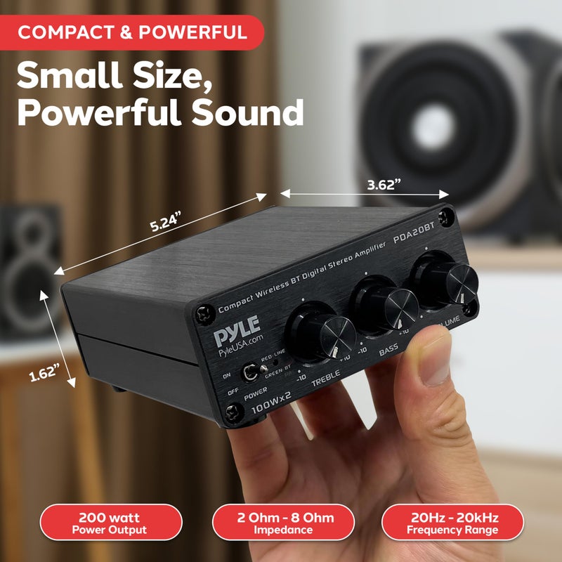 Pyle 2x100W Bluetooth HiFi Mini Audio Amplifier - Class D Stereo Receiver - Aluminum Diecast - for Desktop/PC - Wireless Streaming - Headphone Jack - PDA20BT - Image 3