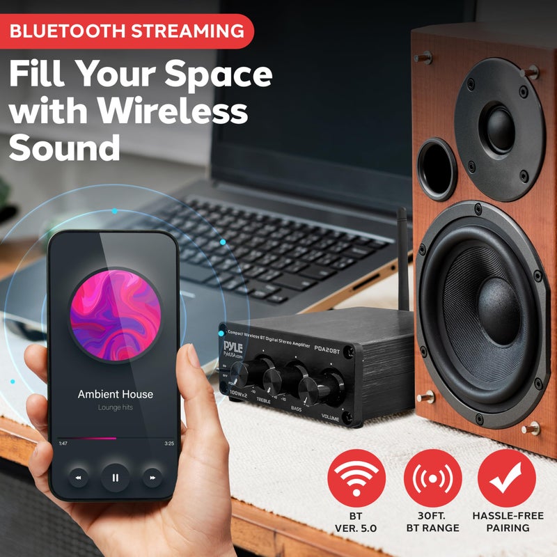 Pyle 2x100W Bluetooth HiFi Mini Audio Amplifier - Class D Stereo Receiver - Aluminum Diecast - for Desktop/PC - Wireless Streaming - Headphone Jack - PDA20BT - Image 2