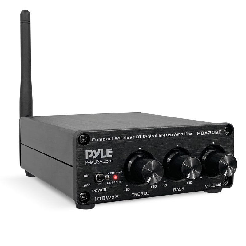 Pyle 2x100W Bluetooth HiFi Mini Audio Amplifier - Class D Stereo Receiver - Aluminum Diecast - for Desktop/PC - Wireless Streaming - Headphone Jack - PDA20BT - Image 1