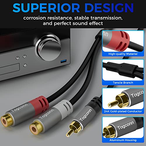 Togconn RCA Y-Adapter Splitter cable 2Pack,1 RCA Male to 2 RCA Female Stereo Audio Video Subwoofer Car Audio Cable Y Splitter Adapter Extension Cord for Home Theater, Hi-Fi System, Amplifier, Speaker-0.6 Feet - Image 3
