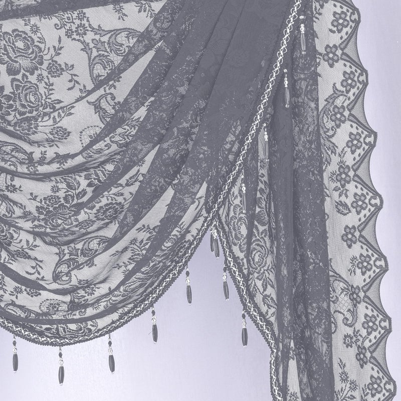 Huierxun Elegant Lace Waterfall Window Valance with Bead Tassels Floral Embroidered Valance Curtains Semi Sheer Rod Pocket Valance/Swags for Bedroom/Living Room/Kitchen/Basement (Grey,39"x41") - Image 4