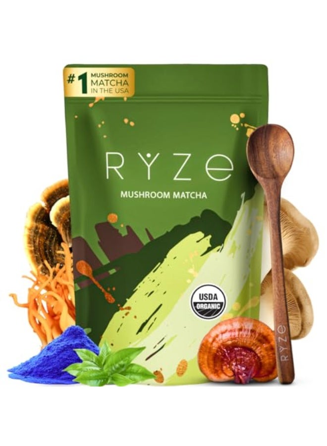 RYZE SUPERFOODS Mushroom Matcha, USDA Organic with 6 Adaptogenic Mushrooms and Ceremonial-Grade Matcha for Energy, Focus, Digestion, Immunity with Turkey Tail, Shiitake, Lion's Mane, 30 servings - Image 1