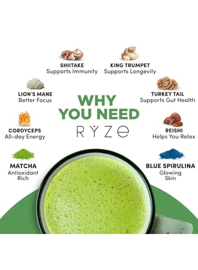 RYZE SUPERFOODS Mushroom Matcha, USDA Organic with 6 Adaptogenic Mushrooms and Ceremonial-Grade Matcha for Energy, Focus, Digestion, Immunity with Turkey Tail, Shiitake, Lion's Mane, 30 servings - Image 2