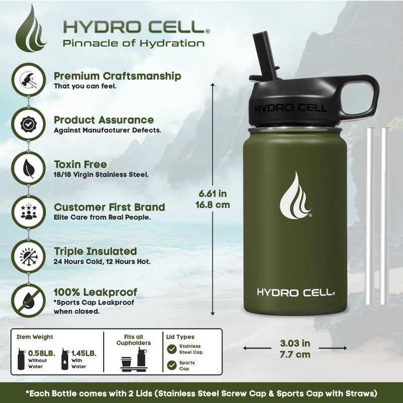 HYDRO CELL Stainless Steel Insulated Water Bottle with Straw - For Cold & Hot Drinks - Metal Vacuum Flask with Screw Cap and Modern Leakproof Sport Thermos for Adults (Army 14oz) - Image 3