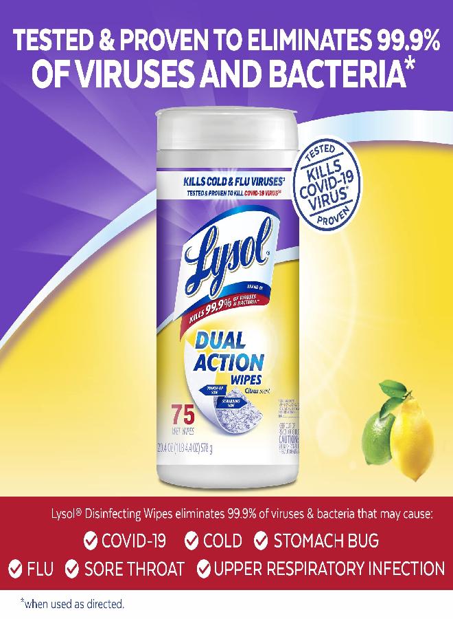 Lysol Dual Action Disinfectant Wipes, Multi-Surface Antibacterial Scrubbing Wipes, For Disinfecting and Cleaning, Citrus Scent, 75ct - Image 2
