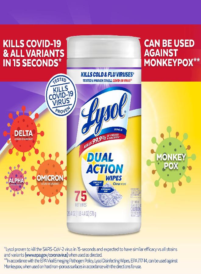 Lysol Dual Action Disinfectant Wipes, Multi-Surface Antibacterial Scrubbing Wipes, For Disinfecting and Cleaning, Citrus Scent, 75ct - Image 3