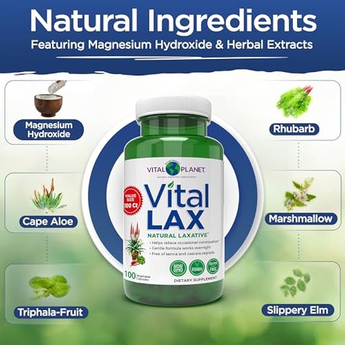 Vital Planet - Vital Lax Natural Laxative Cleanse Supplement for Occasional Constipation, with Magnesium Hydroxide, Slippery Elm, Aloe, and Triphala to Support Bowel Regularity 100 Capsules - Image 3