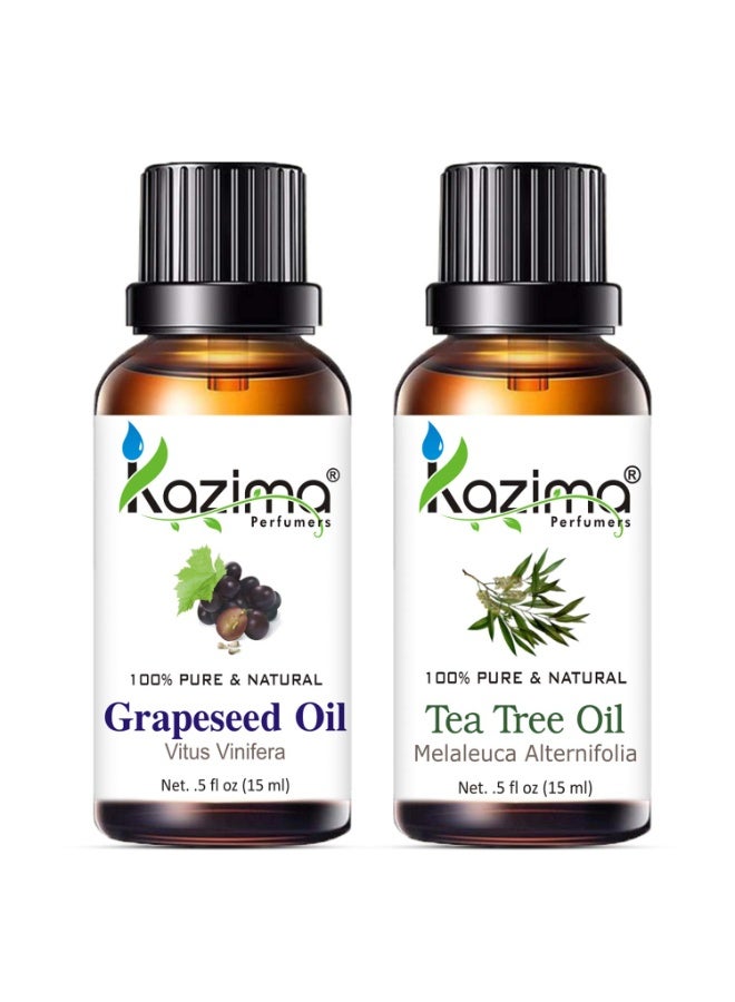 KAZIMA Combo of Grapeseed Oil and Tea Tree Oil - 100% Pure, Natural & Undiluted Oil for Acne, Scars, Hair Growth, Dandruff Control & Aromatherapy, 15ml each - Image 1