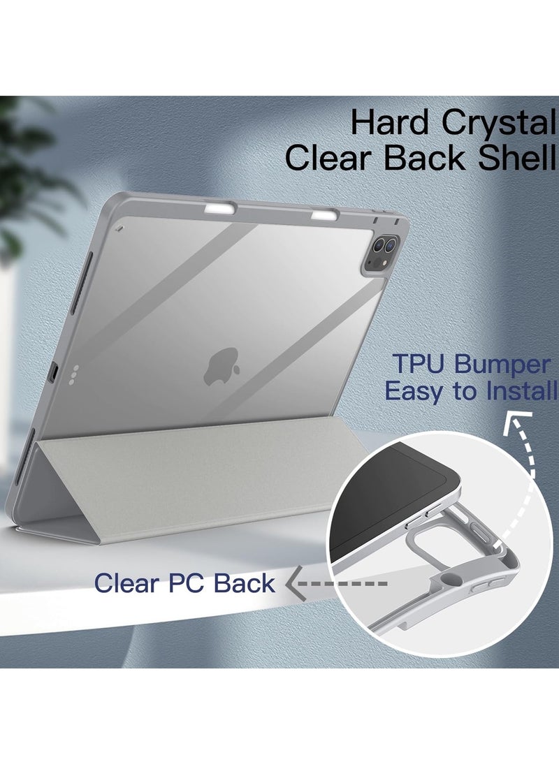 Case for iPad Pro 12.9-Inch (2022/2021/2020/2018) with Pencil Holder, Slim Stand Protective Cover with Clear Transparent Back Shell for iPad Pro 12.9 inch Tablet, Support Auto Wake/Sleep, (Grey)
