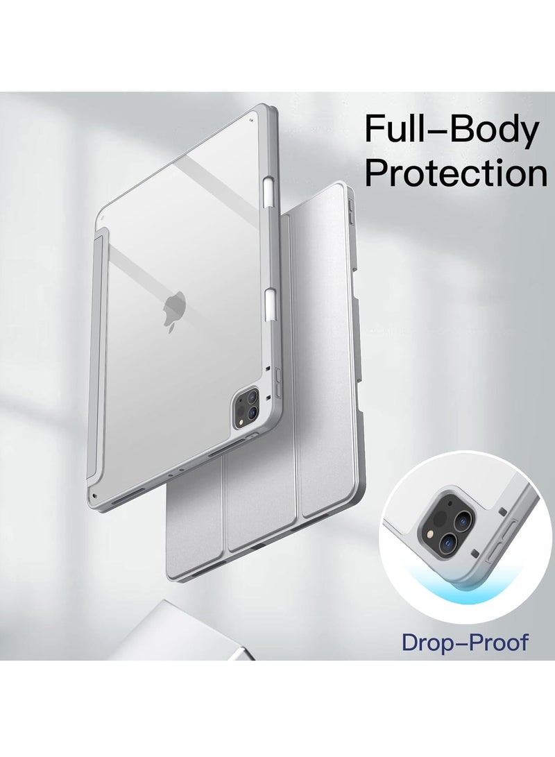 Case for iPad Pro 12.9-Inch (2022/2021/2020/2018) with Pencil Holder, Slim Stand Protective Cover with Clear Transparent Back Shell for iPad Pro 12.9 inch Tablet, Support Auto Wake/Sleep, (Grey)
